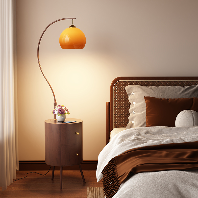 2024f新款中古落地灯客厅沙发复古高级感卧室床头柜一体台灯置物