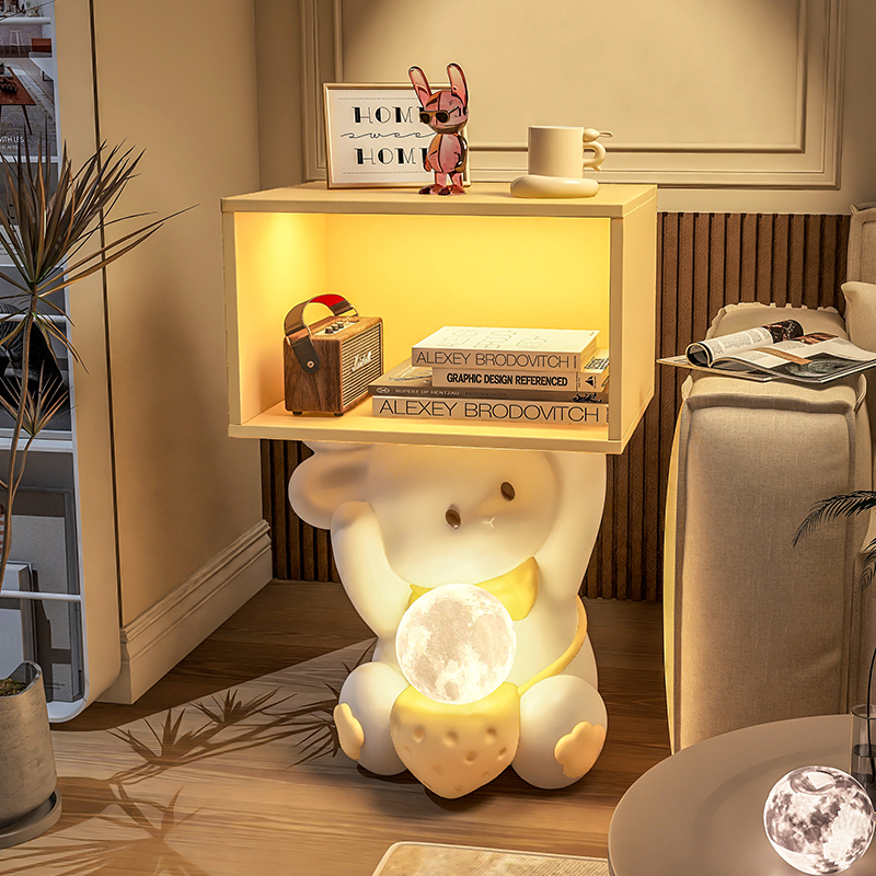 奶油风兔子卧室落地灯一体床头柜客厅沙发边几置物架X摆件氛围台