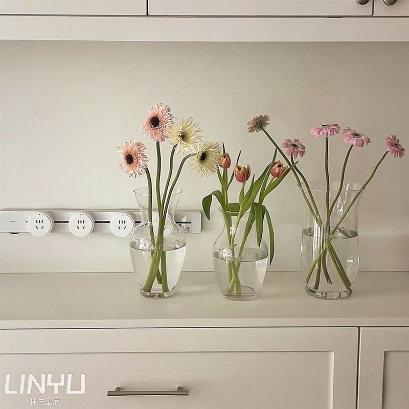 林与/北欧玻璃花k瓶透明摆件客厅插花简约大口法式复古高级感水养