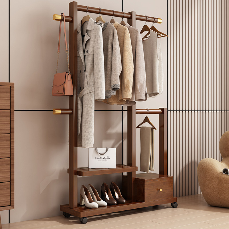 可移动挂衣架实木卧室衣帽架客厅现代民宿置物衣架简约新中式落地