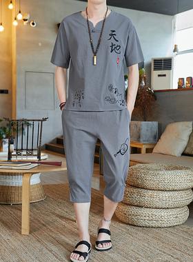 七分裤套装男士夏季休闲短裤亚麻衣服搭配一套帅气棉麻中国风男装