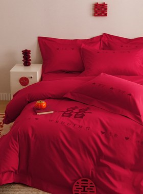 高档中式刺绣全棉婚庆四件套大红色床单被套纯棉陪嫁结婚床上用品