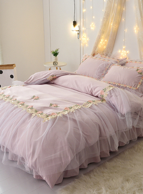 网红被套真丝四季通用四件套公主风床罩韩版少女心床裙式床上用品