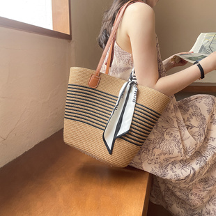 条纹大容量单肩草编包新款 百搭草包编织包女包海边度假沙滩包 夏季