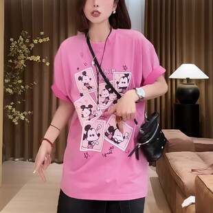 圆领卡通猫咪宽松休闲短袖 2025夏季 复古时尚 美式 T恤女 新款