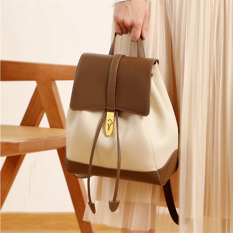 复古时尚撞色牛皮女士双肩包韩版抽绳翻盖真皮背包高档休闲旅行包,箱包皮具/热销女包/男包,双肩背包,淘宝优惠券,粉丝福利购,淘宝优惠卷
