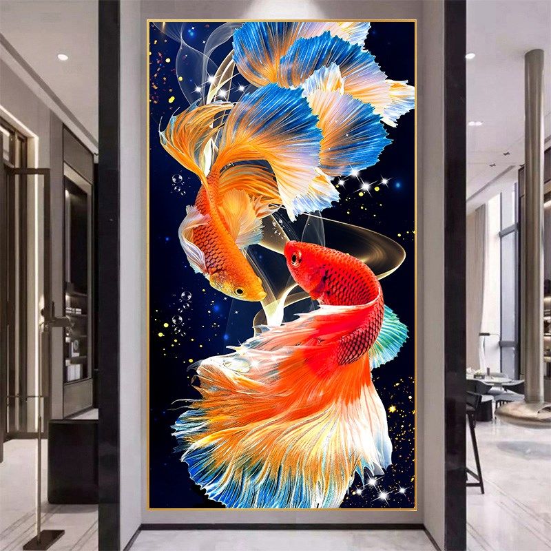 入户玄关装饰画九鱼图现代简约招财锦鲤走廊竖版客厅背景墙画壁画,家居饰品,现代装饰画,淘宝优惠券,粉丝福利购,淘宝优惠卷