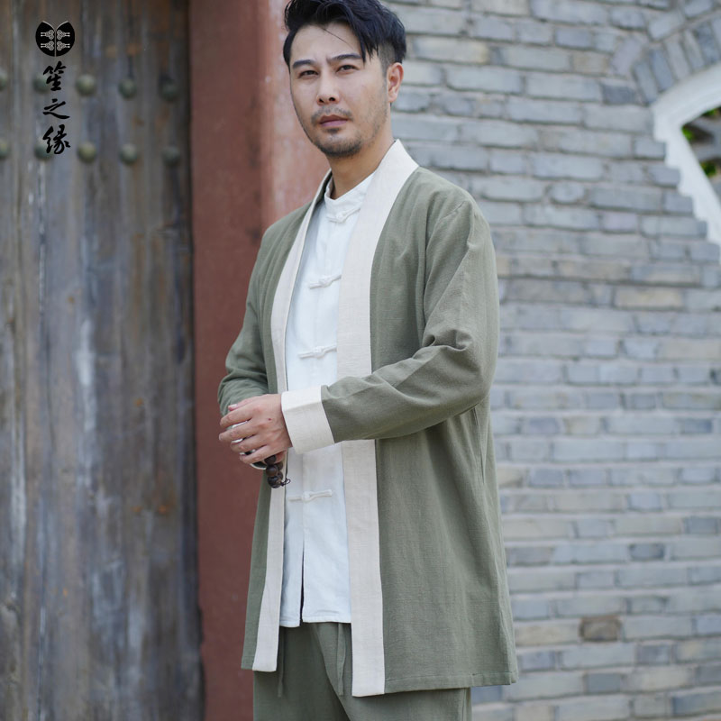 秋季改良汉服男唐装男中式中长版风衣棉麻外套民族服装中国风男装