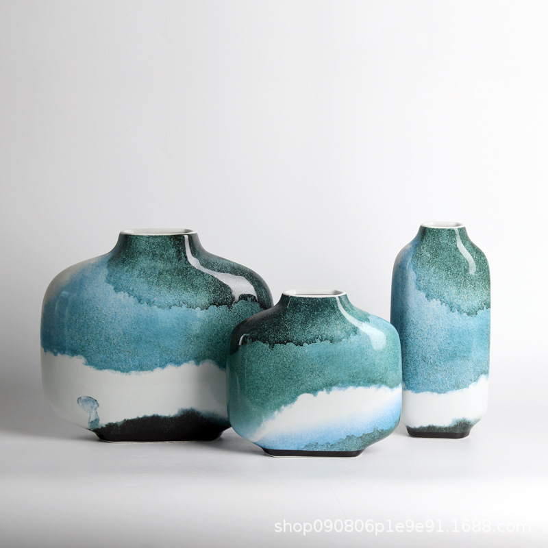 新中式现代陶瓷水墨花瓶客厅电视柜玄关摆件样板间售楼部软装饰品