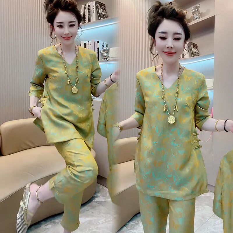 国风时尚套装女2025夏新款气质V领中长款盘扣上衣裤子高档两件套