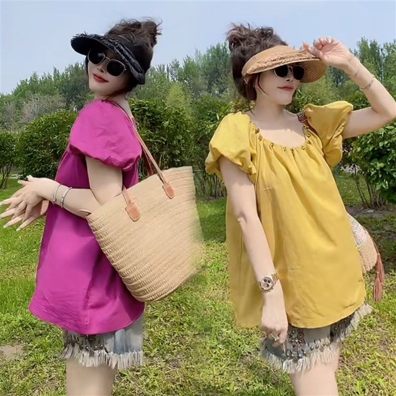 棉麻上衣女2024新款爆款夏季法式高端绝美短款亚麻泡泡袖娃娃衫潮
