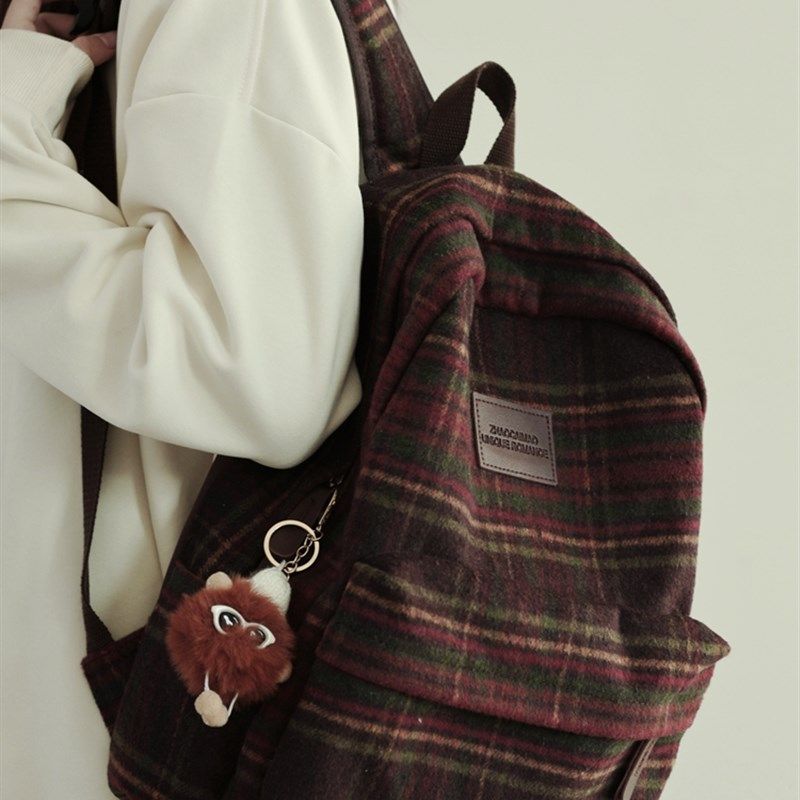 日系秋冬复古毛呢格纹初中书包女生大学生韩版小众百搭双肩包揹包,箱包皮具/热销女包/男包,双肩背包,淘宝优惠券,粉丝福利购,淘宝优惠卷