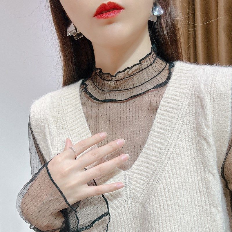 透明黑色波点蕾丝打底衫女新款毛衣内搭纱衣半高领喇叭袖网纱上衣,女装/女士精品,蕾丝衫/雪纺衫,淘宝优惠券,粉丝福利购,淘宝优惠卷