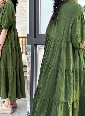 旅游度假文艺休闲复古纯棉宽松立领高腰大摆娃娃裙连衣裙春夏袍子