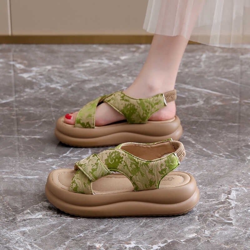 国风缎面凉鞋女2024夏季新款厚底新中式复古百搭交叉松紧沙滩凉鞋,女鞋,休闲凉鞋,淘宝优惠券,粉丝福利购,淘宝优惠卷