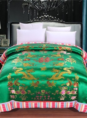 杭州丝绸老式绸缎婚庆纯棉条纹被套织锦缎红绿白子结婚被罩被面子