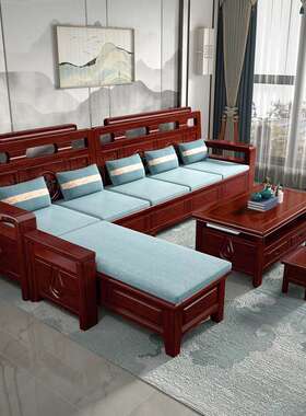 中式仿古雕花实木沙发组合香樟木冬夏两用储物多功能转角贵妃沙发