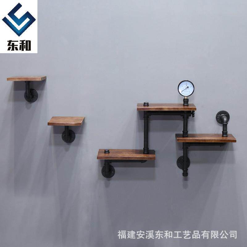 美式复古工业风水管置物架 铁艺实木壁挂搁板装饰客厅书架厂供