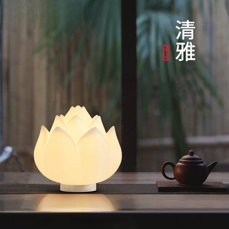 LED荷花台灯莲花灯长明灯床头小夜灯现代简约灯禅意卧室