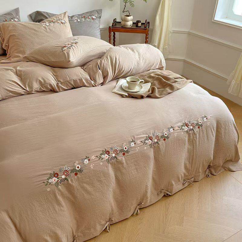 新款手工绣四件套床单款刺绣时尚绷带被套枕套全棉水洗棉感母婴级