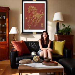 新中式 饰挂画马6080 立体镶嵌马大幅挂画适合玄关走廊过道客厅装