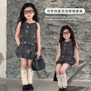 儿童女宝洋气时髦穿搭夏装 女童吊带西服泡泡裤 2025新款 夏款 裙套装