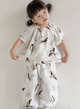 儿童睡衣夏季薄款竹纤维纱布宝宝短袖长裤宝调服男女童家居服套装