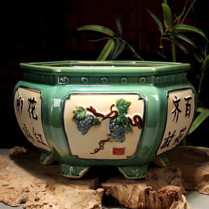 古典陶瓷手工彩绘花盆大口径六角形罗汉松三角梅金弹子盆景盆