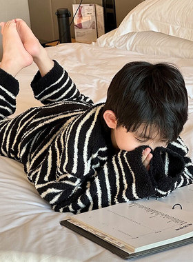韩系慵懒风中小孩童套装时尚宝宝冬装男女童家居服条纹睡衣睡裤