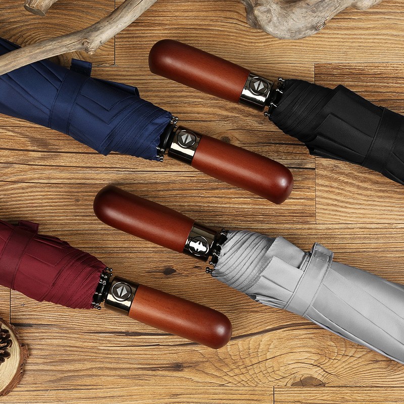 雨伞全自动双层伞10骨抗风木柄三折男士商务伞logo雨伞广告伞