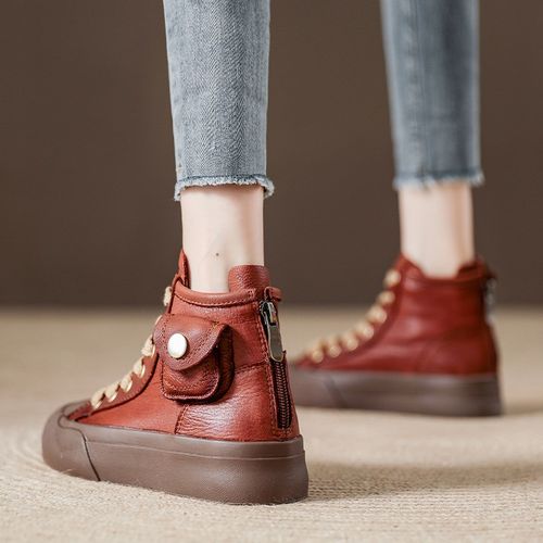 洋气显瘦高级感厚底百搭高帮鞋女款2024年秋新款女士真皮舒适短靴