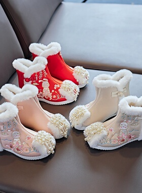 女童汉服鞋冬季古装唐装宝宝加绒儿童绣花鞋靴子加厚红色布鞋棉鞋