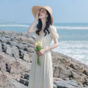 2024夏季新款小清新收腰气质显瘦连衣裙度假初恋超仙短袖裙子女