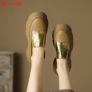 休闲舒适小个子8cm增高单鞋 时尚 春季 女2024年新款 真皮厚底松糕鞋