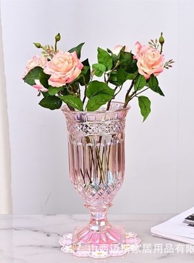 复古浮雕电镀透明玻璃花瓶高脚杯加厚大号水晶水养插花水晶装饰品