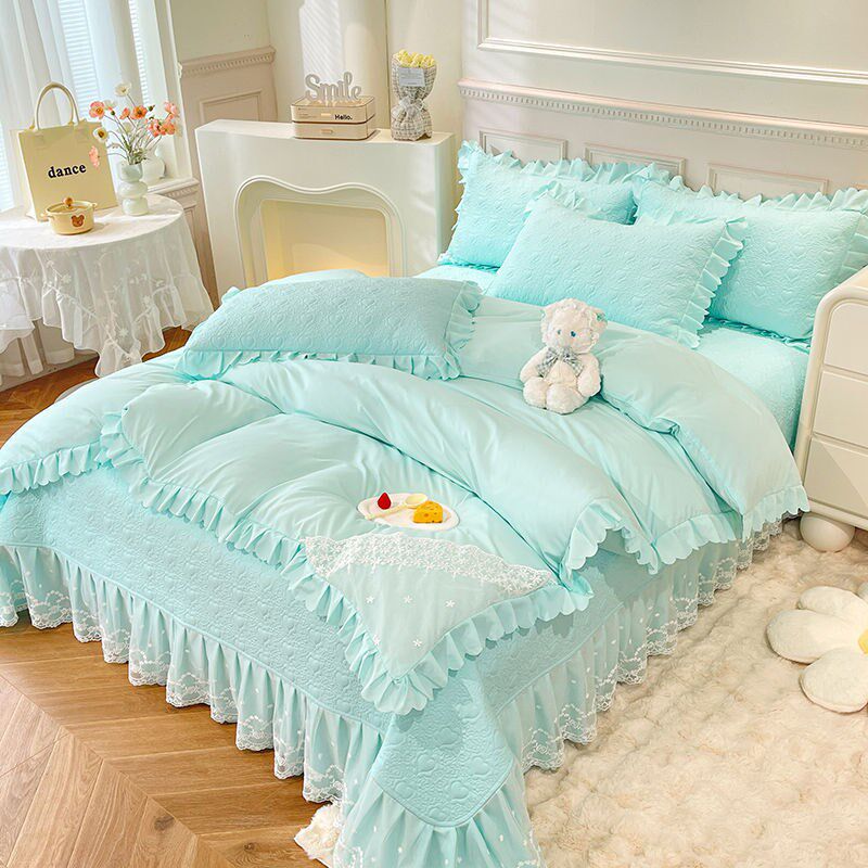 韩式蕾丝花边床盖四件套公主风小清新被套纯色床单四件套网红款