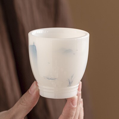 张丽娇大师手绘千里江山素烧羊脂玉主人杯家用功夫品茗杯茶杯茶盏