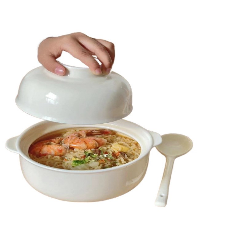 奶fufu陶瓷泡面碗带盖学生宿舍用奶油风可爱餐具碗筷套装方便面碗