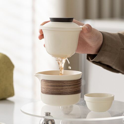 米黄旅行茶具套装户外便携式收纳包一壶四杯陶瓷快客杯泡茶壶刻印