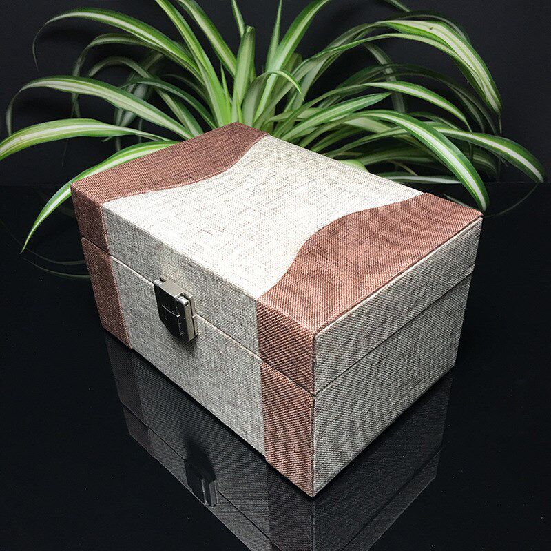 木质锦盒 瓷器文玩收藏盒 把玩摆件包装盒 麻布礼品珠宝盒