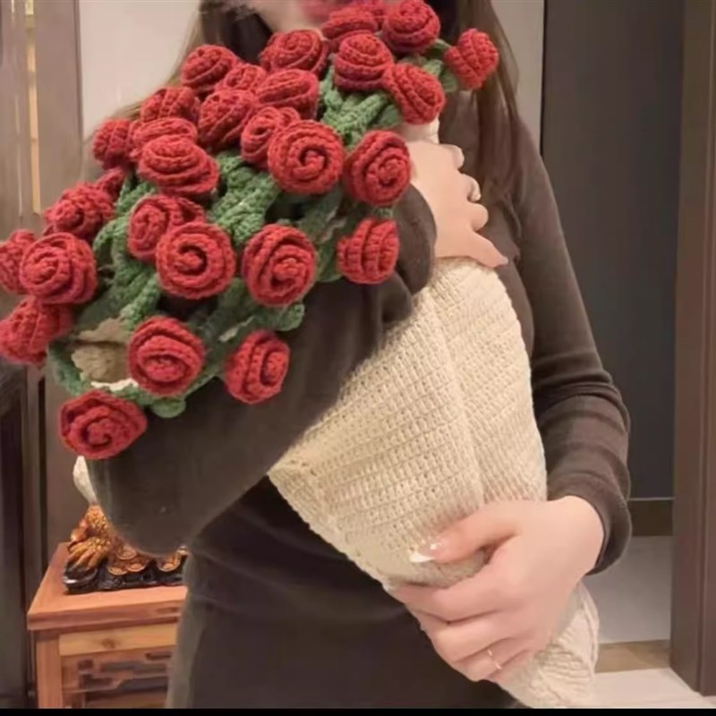 玫瑰花束毯子手工编织腈纶材料包毛线团钩织花朵毛毯铃兰花毯成品
