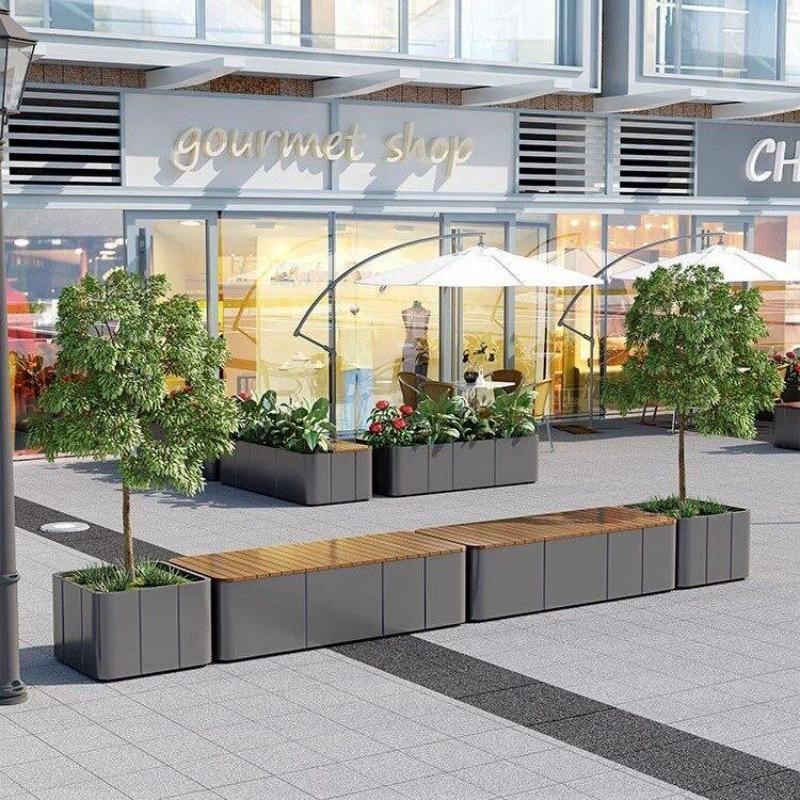 户外花箱坐凳组合公园商业街广场不锈钢花坛塑木实木座Z椅花槽定