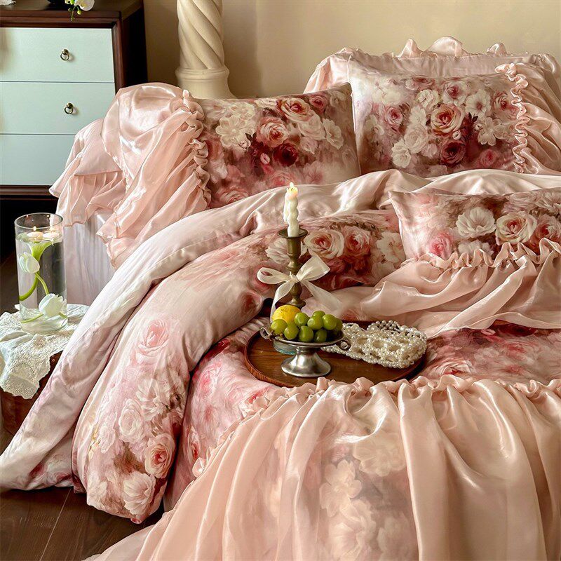 荷叶边勃垦第红玫瑰数码印花古典法式公主风超柔天丝棉被套床单套