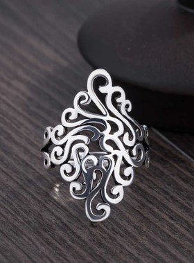 s925银戒复古中国风菱形镂空戒指孔雀祥云个性S简约泰银开口指环