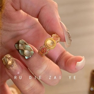 如蝶在野 d粉色娇嫩!桃之夭夭粉金珐琅戒指古法国风气质开口戒