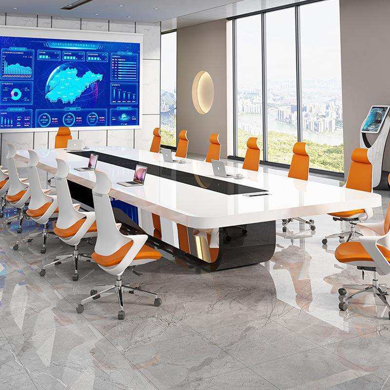 办公会议室长桌简约现代大型洽谈长条桌椅组合轻奢圆形烤漆