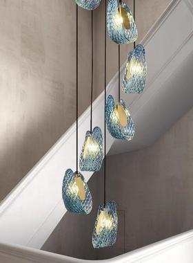 别墅公寓楼道吊灯现代轻奢床头吊灯孔雀蓝色玻璃loft复式楼梯吊灯
