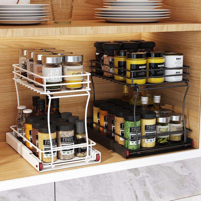 厨房带滑轨下水槽架橱柜带滑轮水槽下置物架抽拉式两层柜内收纳架