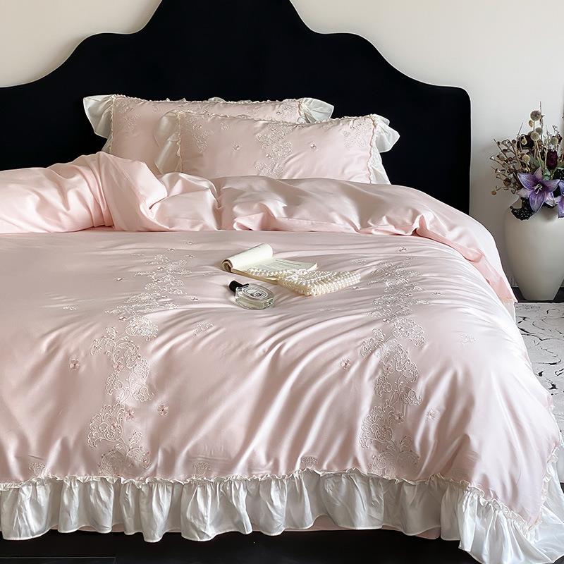轻奢风春夏双面天丝棉四件套高精密刺绣雪纺花边凉感被套床上用品