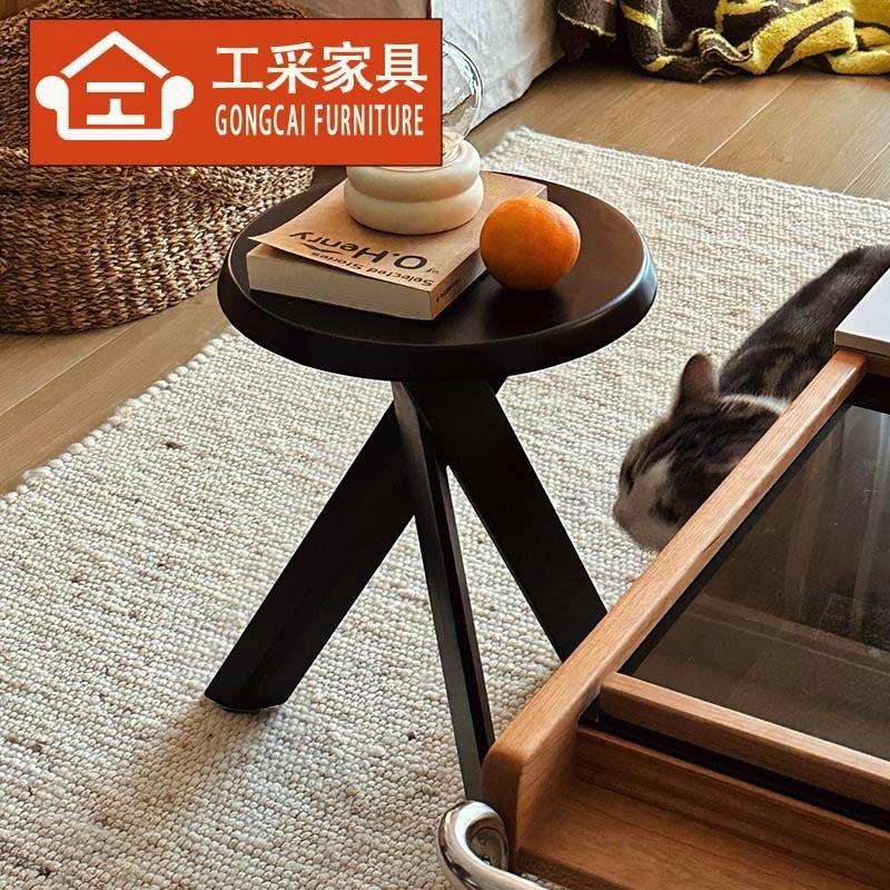 黑色实木小茶边几沙发圆桌子床头柜中复古风法式极简矮置物架阳台